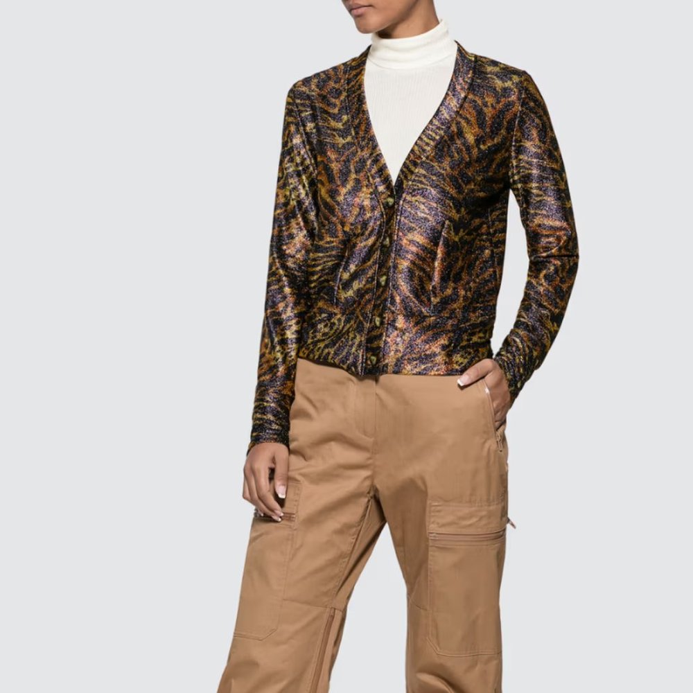 GANNI Lurex Sheer Jersey Metallic Tiger Print Cardigan $298 M